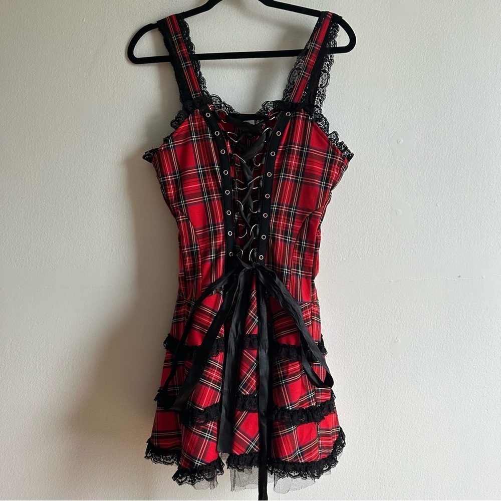 Hearts And Roses Sz 10 Harley Tartan Plaid Lace Emo Goth Mini Dress - Picture 2 of 12